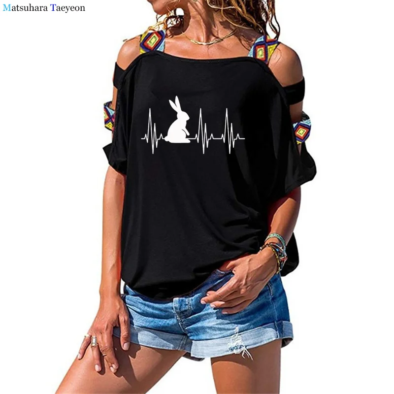 

Женская хлопковая Футболка с вырезами на плечах, Повседневная Свободная футболка с принтом кролика, лето 2020