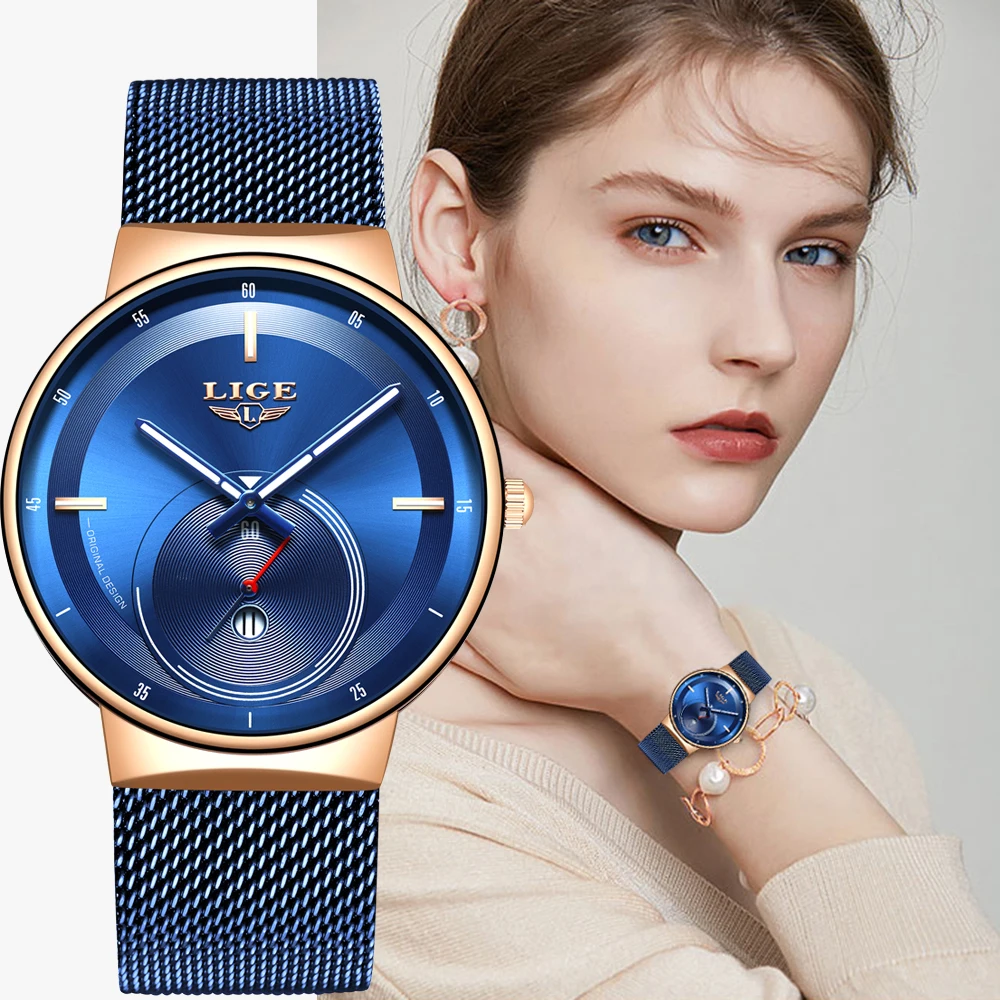 Часы наручные LIGE женские кварцевые модные водонепроницаемые синие с сетчатым