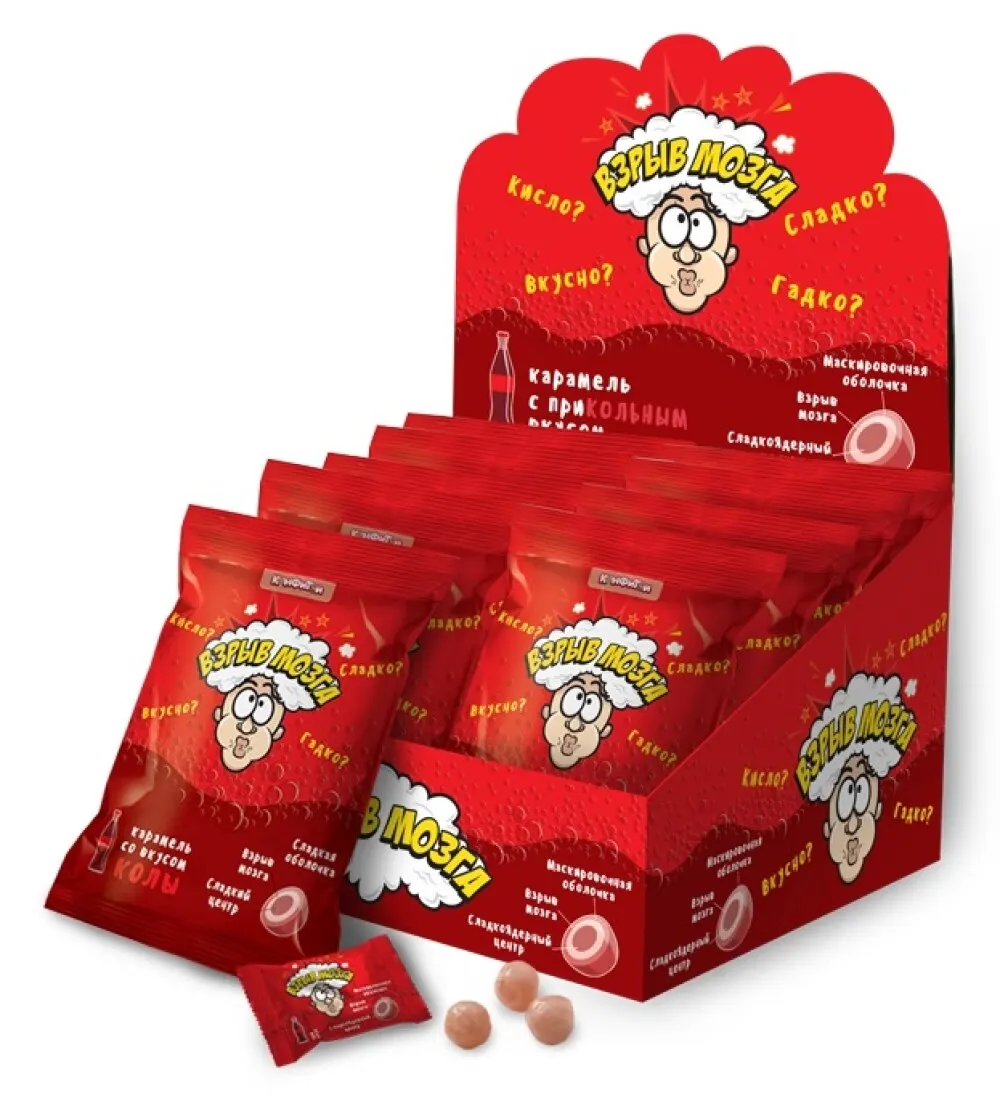 Карамель &quotВЗРЫВ МОЗГА&quot со вкусом колы в пакете блоке 24шт Конфеты сладкие