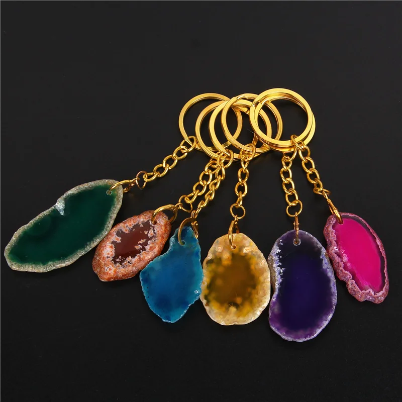 Модные натуральные неправильные осколки агата подвеска на ключи Зеленые Фиолетовые Синие Кольца Ювелирные аксессуары Подарочный брелок.