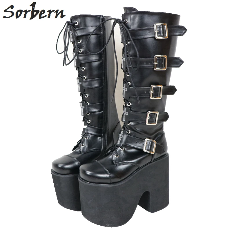 Sorbern/Женские ботинки в стиле панк обувь до колена на толстой платформе с пряжкой и