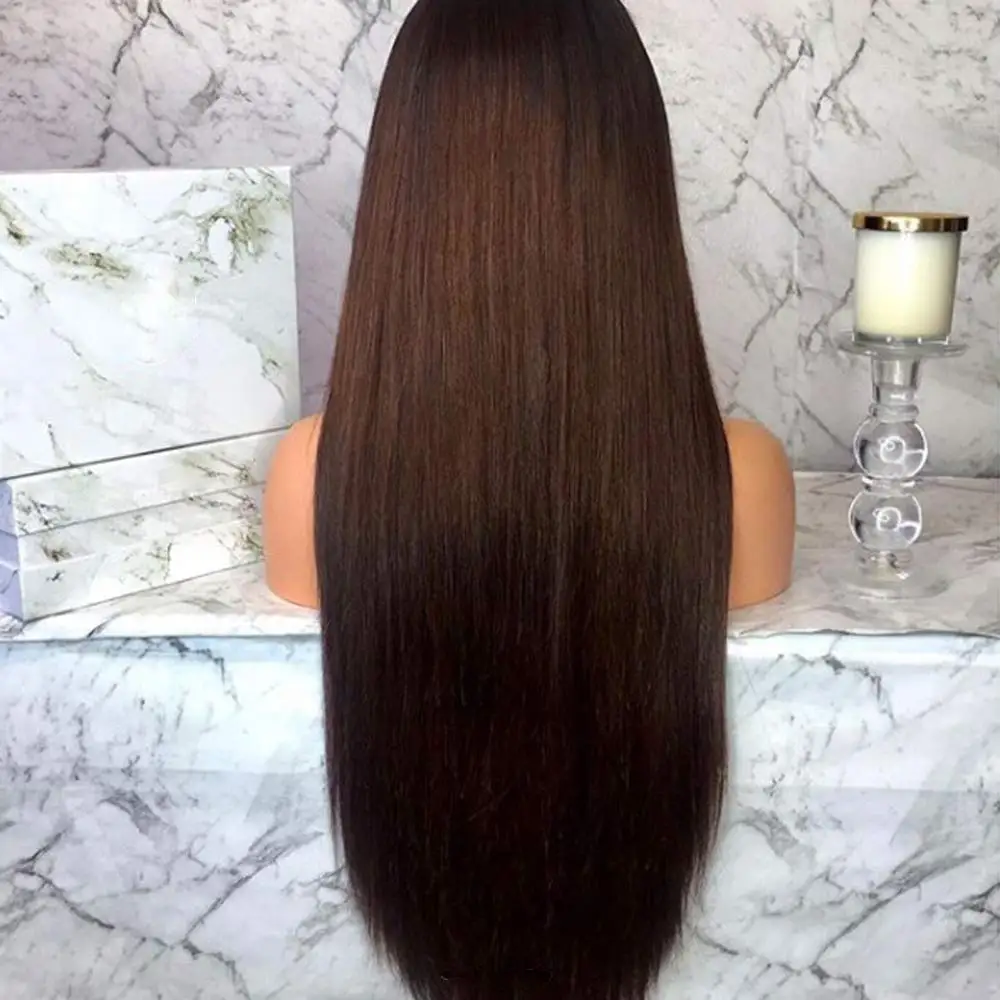 

DLME Long Straight Brown Wig For Black Women Heat Resistant Hair Ombre Brown Synthetic Lace Front Wig
