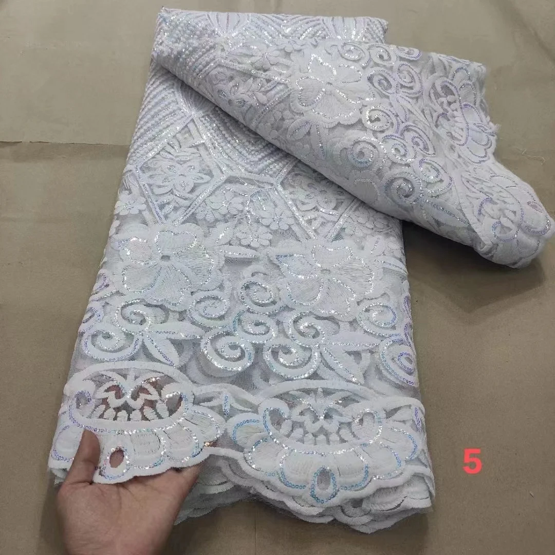 

Luxury Handcut Hole pure white Sequins African Lace Fabric 2021 High Quality Nigerian Women Party Embroidery Lace Fabric