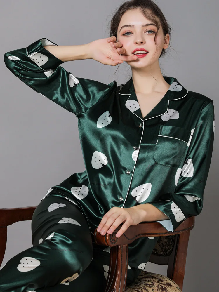 

Silk pajamas long-sleeved printed ice silk suit cardigan casual thin home service pajamas for women satin pajamas pajama set