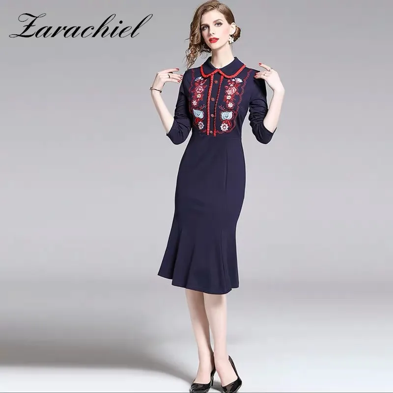 Picture color Новая мода осеннее женское элегантное винтажное цветочное вышитое офисное повседневное миди вечерние облегающее платье русалки - Цвет: Picture color