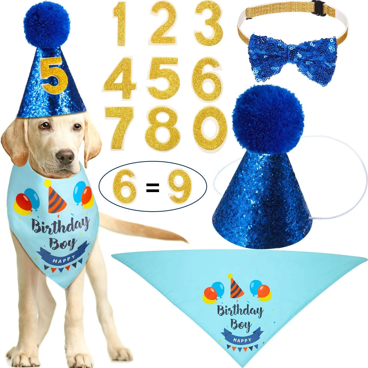 

12 Pieces Pet Birthday Party Kit Includes Dog Birthday Hat Dog Birthday Bandana Boy Scarf Boy Party Costume Set with 0-8