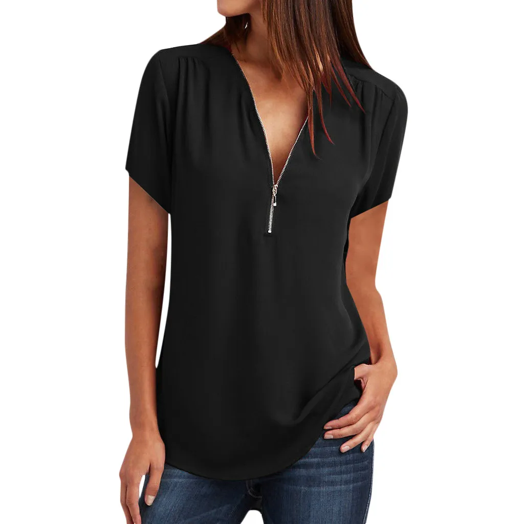 

Summer Women Chiffon Tshirt Blouse Shirt 5XL Plus Size Chemise Femme V-neck Roll Up Sleeve Zipper Tunic Sexy Tops Tee shirts New