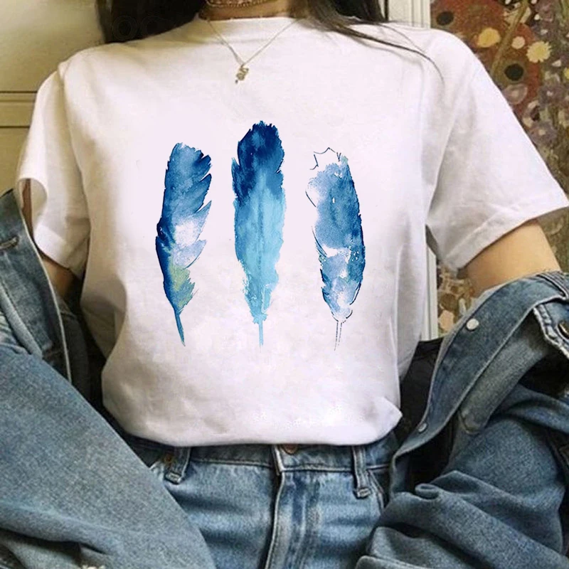 

Feather Harajuku printed T-shirt Women's T-shirt fashion casual white T-shirt Dreamcatcher casual O-neck top shirt