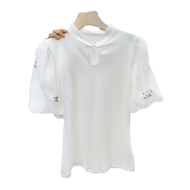 

Hollow-out Mandarin-Collar T-shirt for Women 2021 Summer New Beaded Puff Sleeve Patchwork Round Neck Solid Color Tee Shirts
