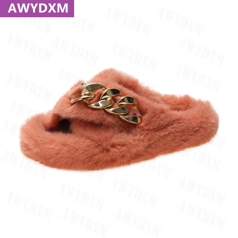 

Slippers Plush Fashion Slides Sport Shoe 2021 New Winter Chain Sexy Cozy Luxury Dress Fur Sandals Beach Flip Flops Mujer Zapatos