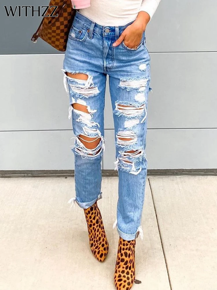 

WITHZZ Spring Summer Female Denim PantsTrousers Slim Straight Pants Women's Hole Ripped Jeans