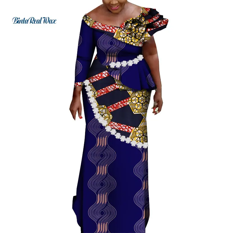 

African Dresses for Women Print Long Dresses Vestidos Bazin Riche African Wedding Party Flowers V Neck Ankara Dresses WY6676