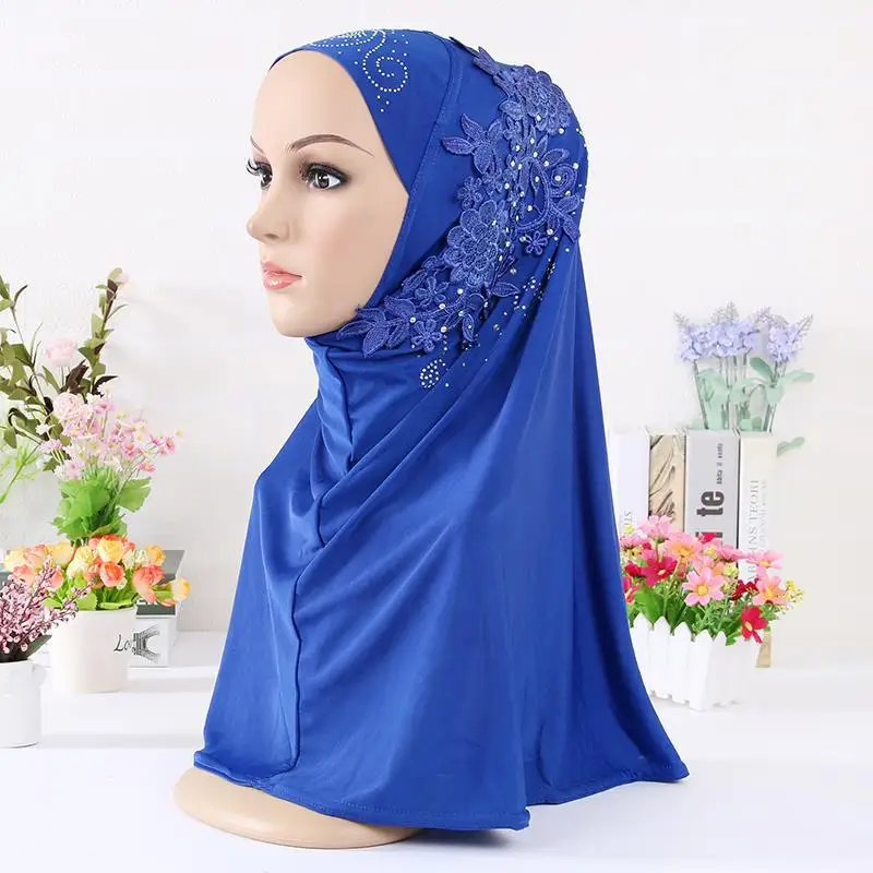 

Muslim Fashion Hijab Scarf Hats For Women 60cm*60cm Lace Splice With Diamond Head Wraps Islamic Turbans Caps For Women Headscarf