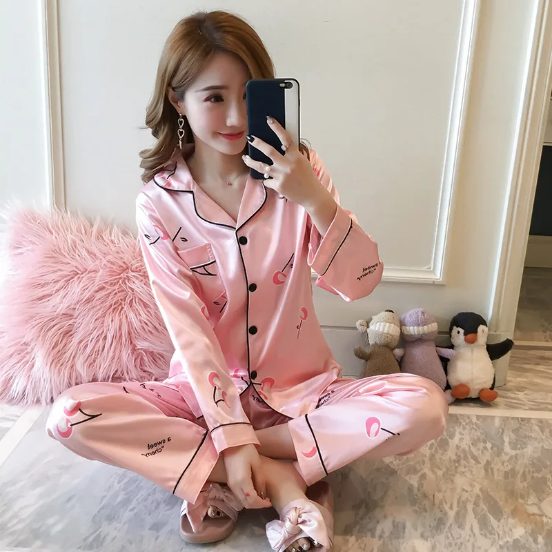 

Women Pyjamas Set Long Sleeve Silk Satin Sleepwear Pajama Home wear Plus Size 5xl
