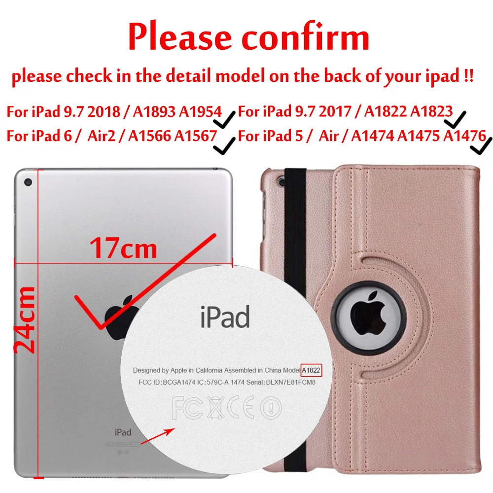 Чехол для iPad 9,7 360 вращения смарт-Авто Режим сна/Пробуждение обложка чехол для iPad 5/6/iPad Air/Air 2 чехол s - Цвет: Rotation Rose Gold