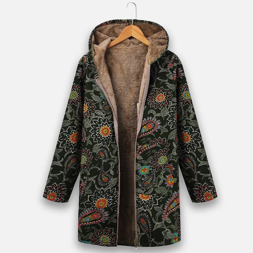 Женское винтажное пальто на молнии с этническим принтом флисовое капюшоном и