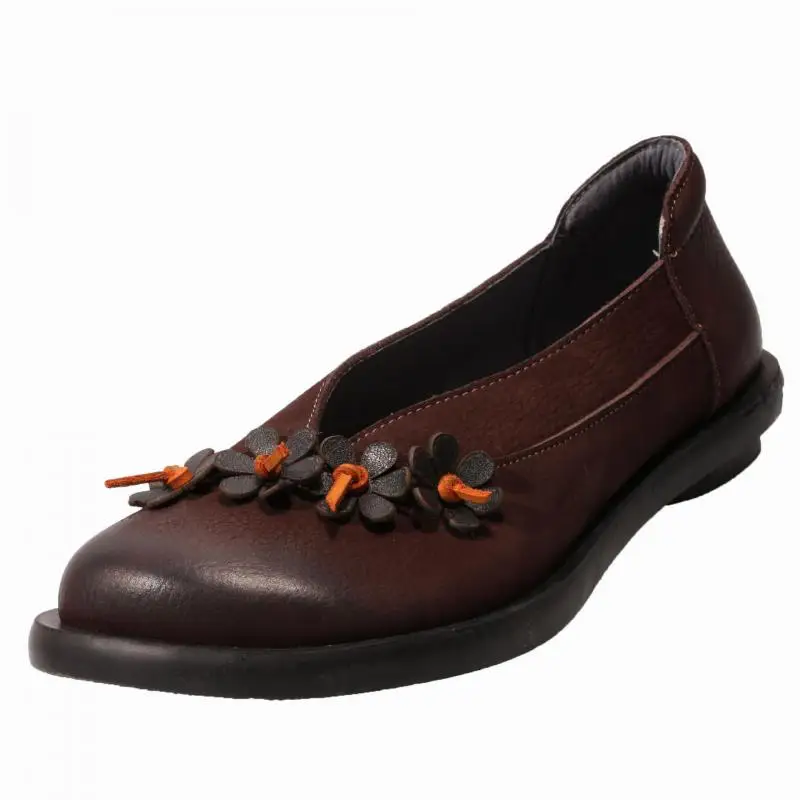 

YourSeason 2020 Spring Autumn Women Retro Genuine Leather Round Toe Handmade Comfortable Ladies Casual Shallow Flower Boat Shoes