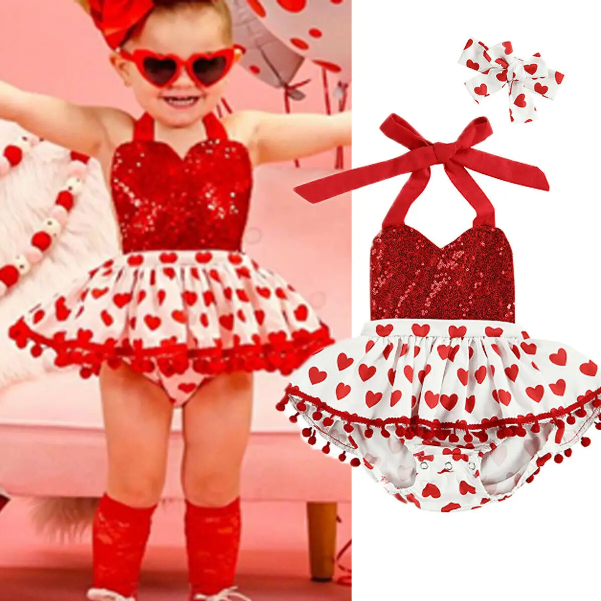 

Комбинезон на бретельках Emmababy с блестками для новорожденных девочек + повязка на голову для младенцев комплект из 2 предметов