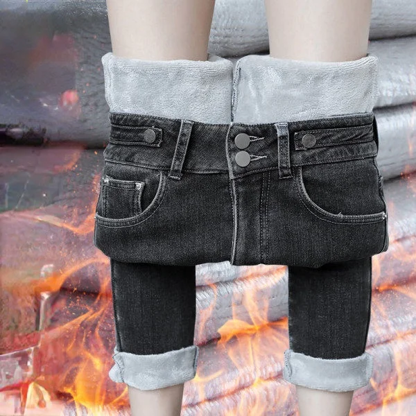 

Women 2021 Autumn Winter Jeans Female Gold Fleeces Inside Thickening Denim Pants High Waist Warm Trousers Slim Jean Pants Y476