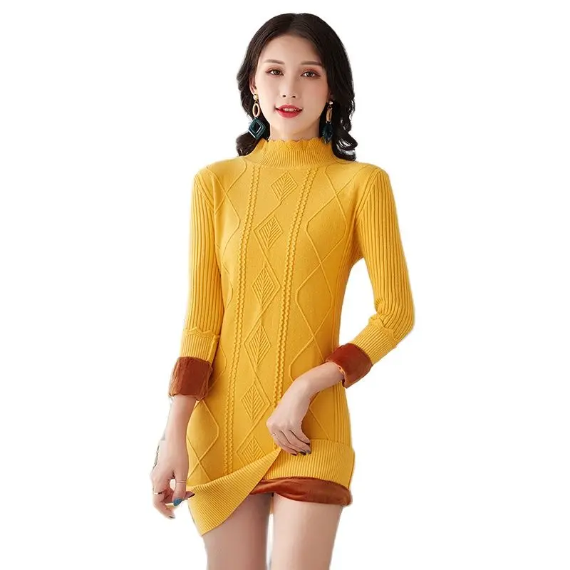 

2021 New Autumn Winter Sweater Female Outer Wear Fashion Plus Velvet Warm Knitt Sweater Dress Women MidLength Slim Dresses Lady