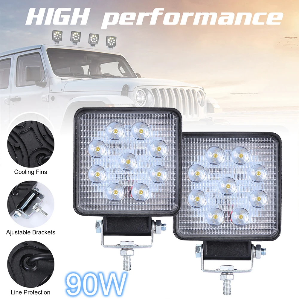 

2pc Square 90W LED Light Bar Spotlight Headlight Bulbs LED Work Ligh 6000K 9000LM for Car Truct Boat Atv 4x4 Jeep Offroad JK 4W