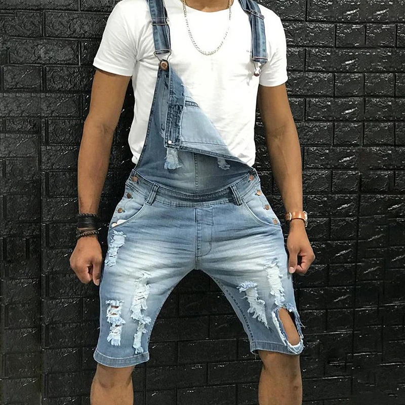 

2021 new Hole denim Jumpsuits men Hip hop Streetwear Five points Vintage Jeans Overalls men summer denim Jumpsuit shorts man