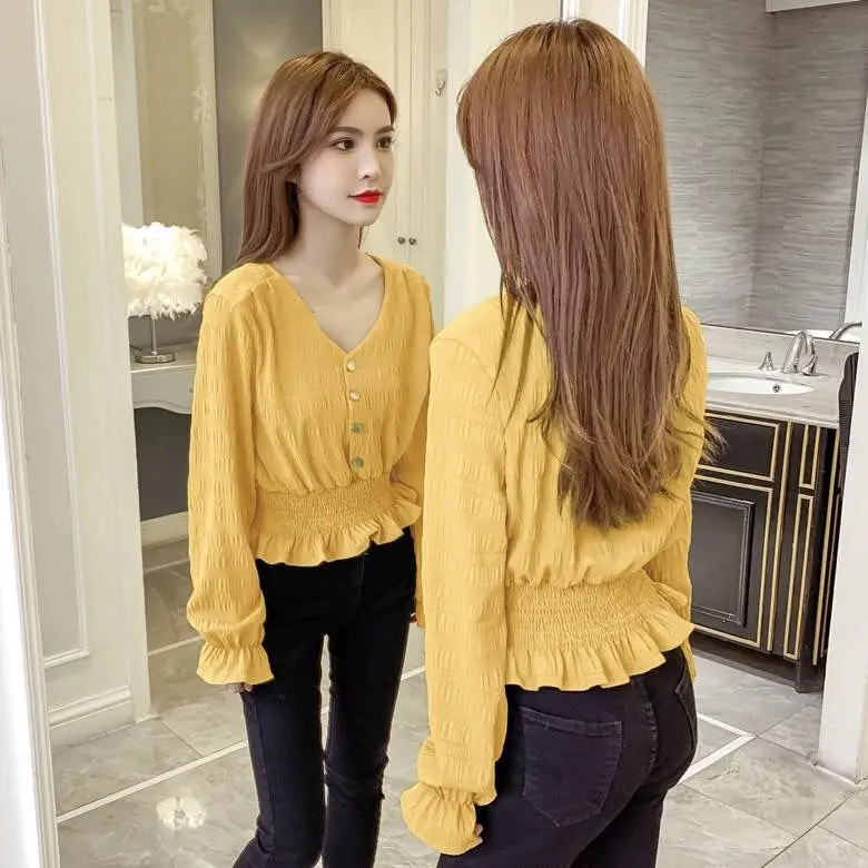 

Trumpet Sleeves Pleated Loose Shirt Female Waist Was Thin V-neck Long Sleeve Single-breasted Chiffon Short Blouses Women Spring