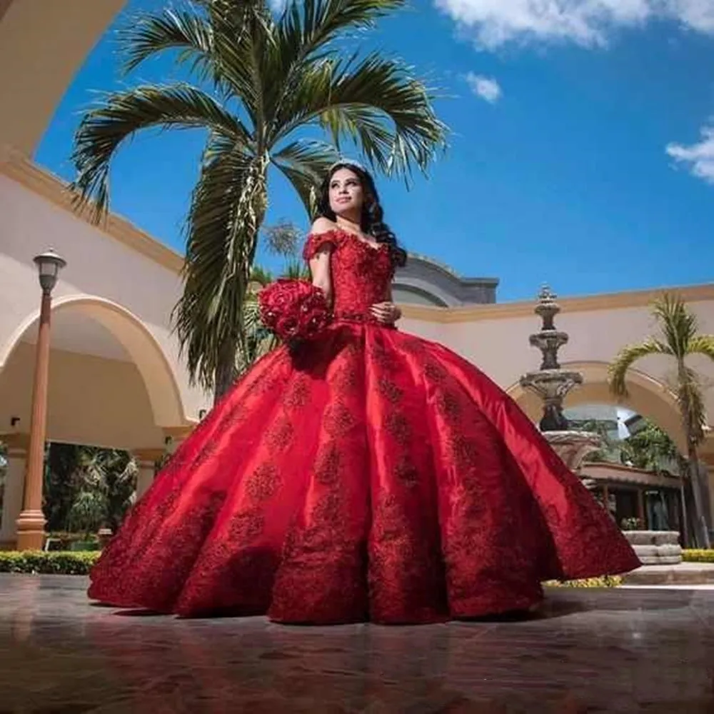 

Red Ball Gown Masquerade Quinceanera Dresses For Girls Satin Off Shoulder Appliques Long Sweet 16 Off Shoulder Lace Applique Bal
