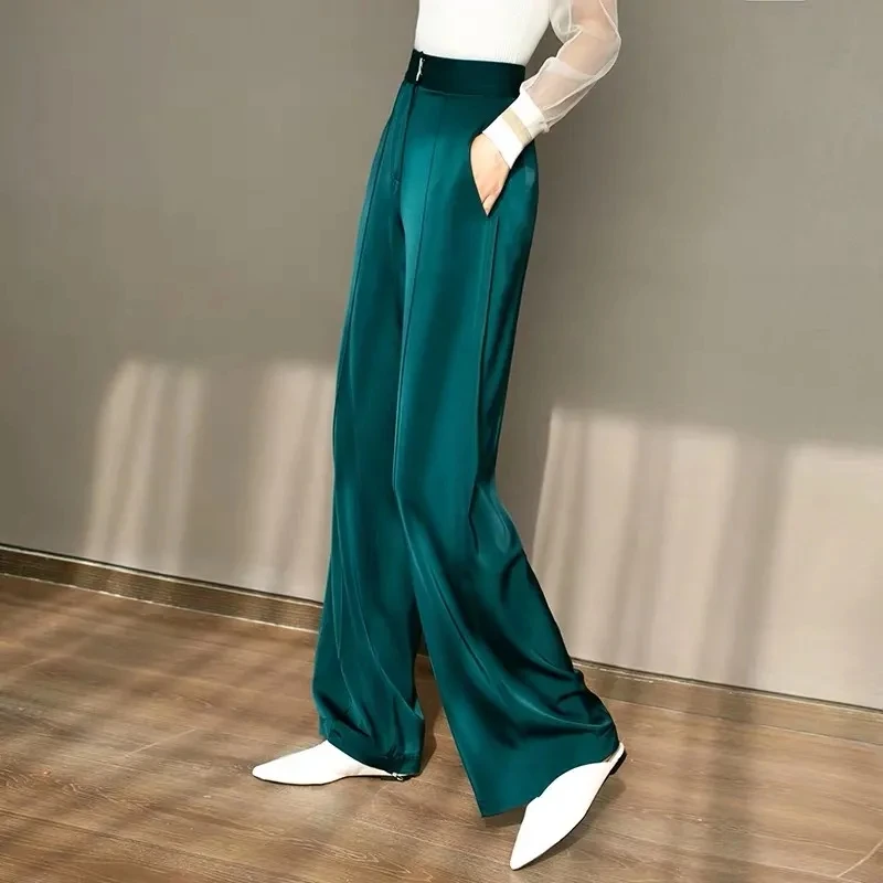 

Wide-legged pants women high-waisted 2020 spring autumn straight pants fall silk satin casual thin loose trousers