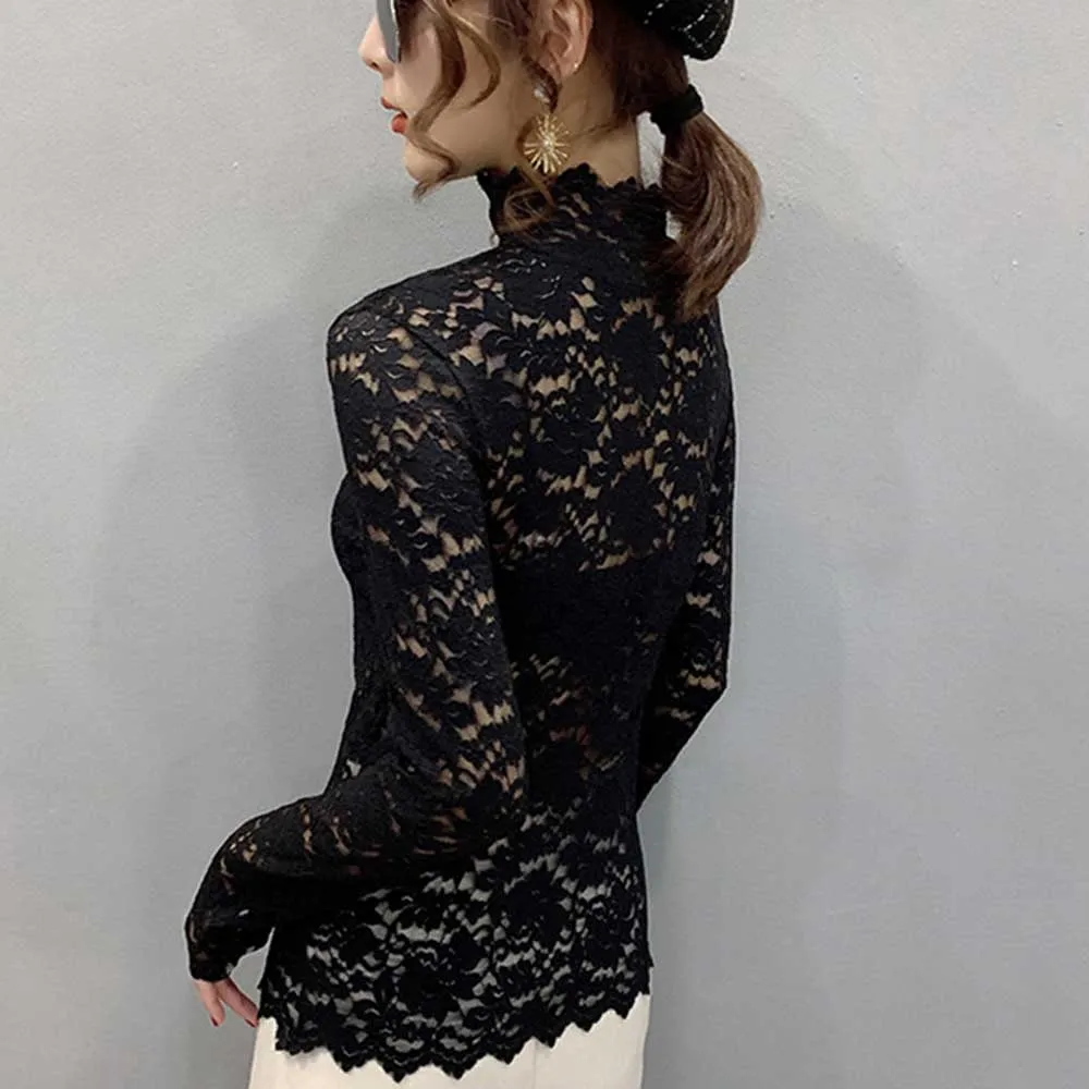 

Women Autumn Thin Black Lace T shirt Sexy Turtleneck Long Sleeve Slim Lace Crochet Patchwork Tee Tops WDC6074 Women Sexy Tops