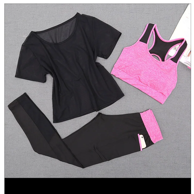 Sports wear for women 3 piece Solid color Yoga Set Women Running outdoor Workout T-shirt Leggings Suit gym clothing S-XXL | Спорт и