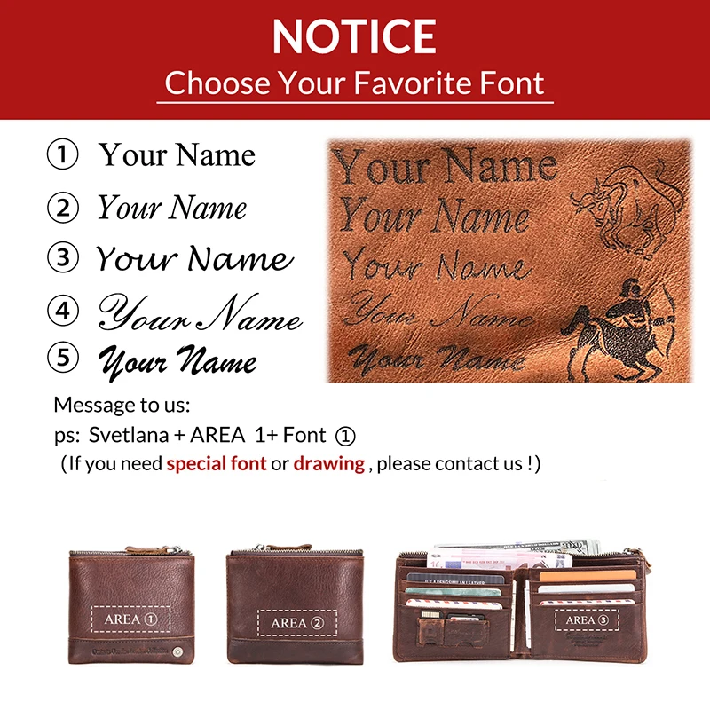 

Contact's Free Engraving 100% Cowhide Leather Men Wallets Coin Purse Small Mini Card Holder RFID Money Bag for Man Carteira Zip
