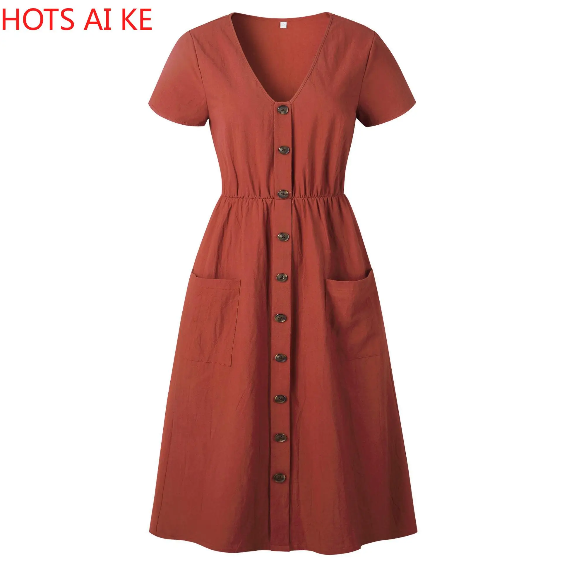 

Cotton Linen Dresses For Women 2021 Casual V-neck Button Pocket Short Sleeve A-line Midi Vestidos Summer Dress