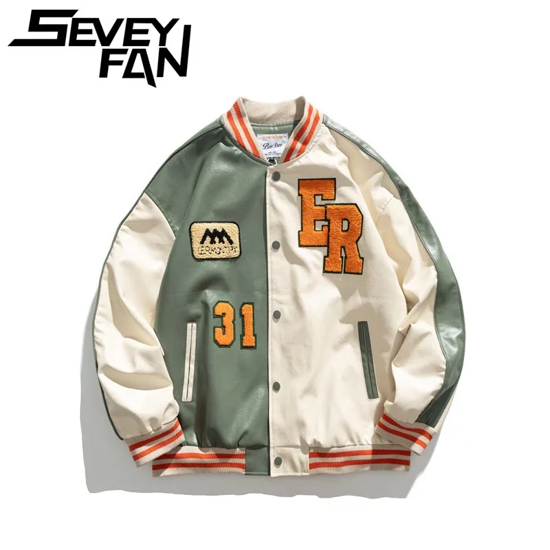 

Куртка SEVEYFAN мужская из ПУ кожи, повседневная бейсбольная форма в стиле ретро, с вышивкой полотенцем, свободная, со строчкой