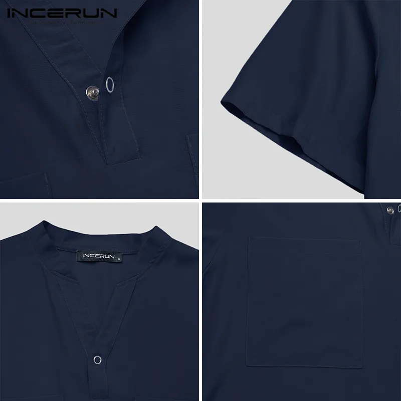 

Casual Solid Color Multi Pocket Camisa INCERUN Vintage Men Shirts Short Sleeve V Neck Blouse Man Loose Brand Shirt Masculina 5XL