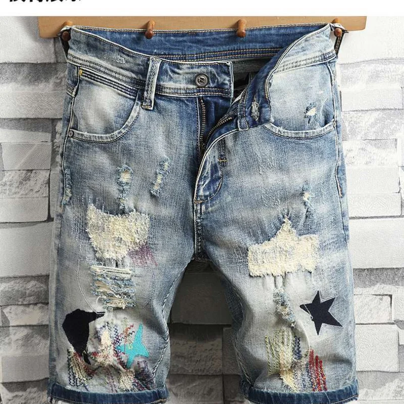

Man Holes Blue Denim Shorts High Quality Male Cotton Stretch Shorts Jeans Straight Fit Jeans Shorts Large Size Jeans Pants 38