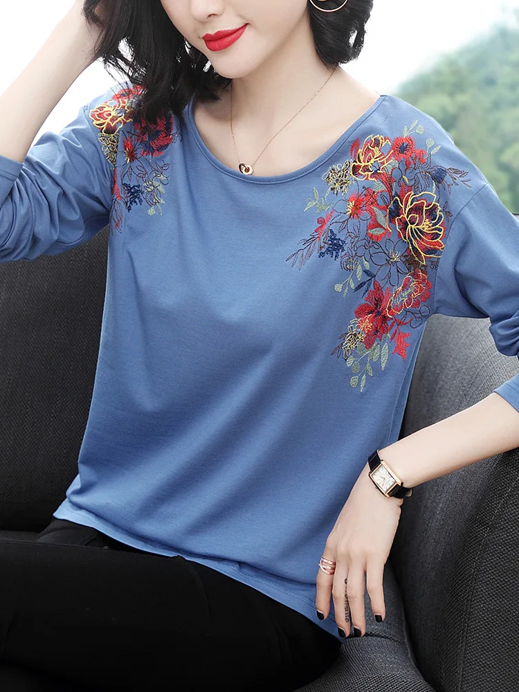 Mon Flower Embroidery Long Sleeve Tshirt Women O-Neck Fashion Clothes Female Folds Tee Shirts Casual | Женская одежда