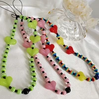 new colorful acrylic bead heart mobile phone chain cellphone charm phone strap anti lost lanyard for women summer accessories