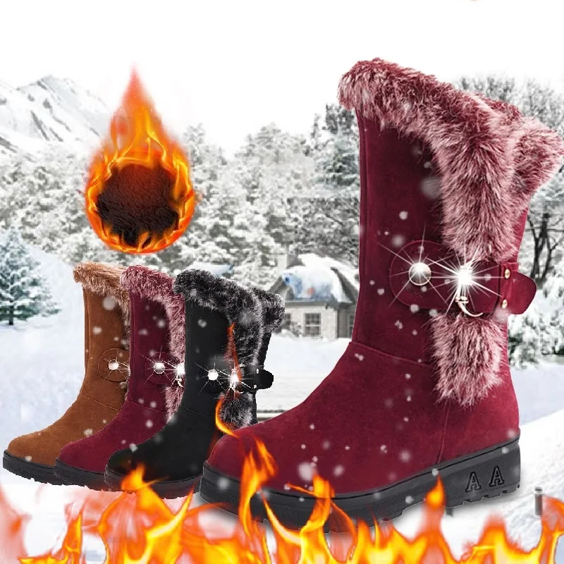 Женские теплые зимние ботинки до середины икры на танкетке с подкладкой из