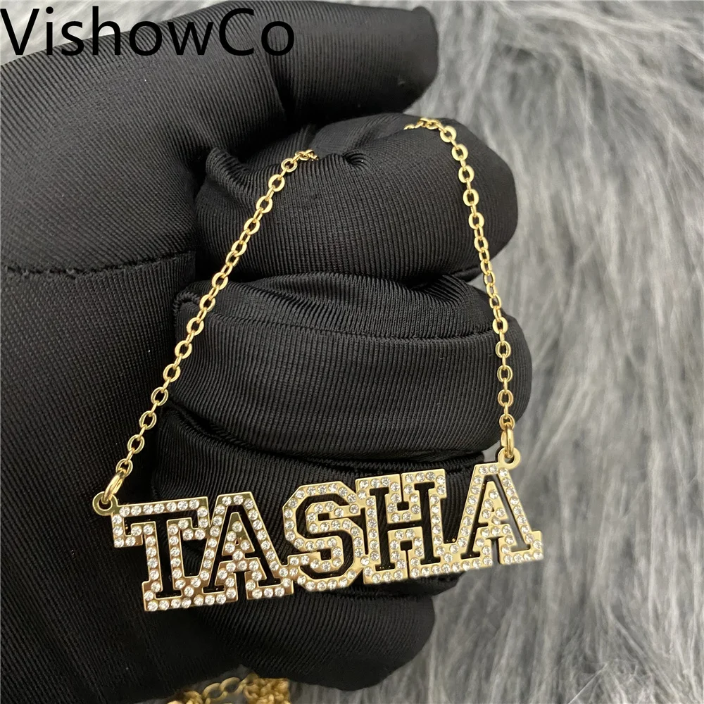 

VishowCo Custom Name Necklace Personalized Stainless Steel Gold Choker Custom Name Letter Nameplate Pendant For Women Gifts