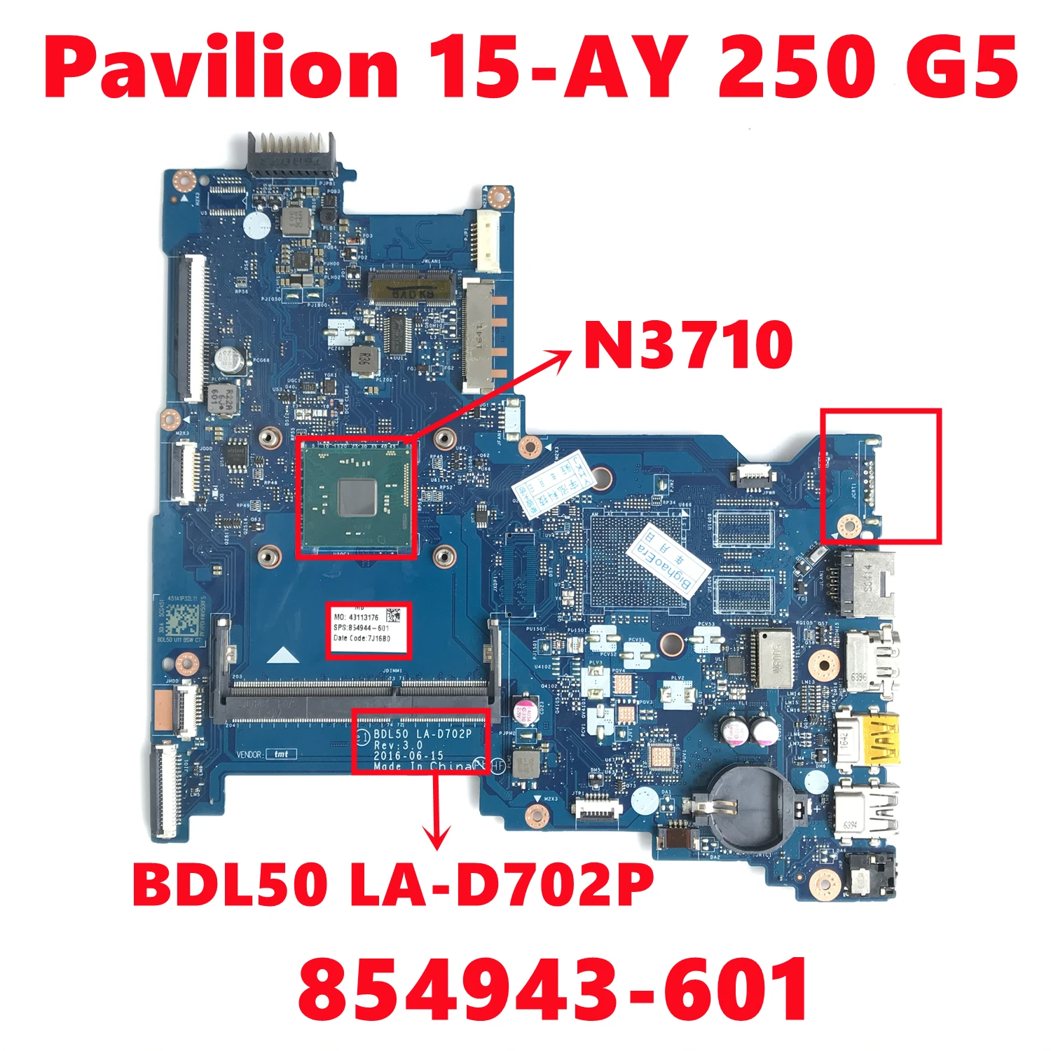 854943-601 854943-501 854943-001 для ноутбука HP Pavilion 15-AY 250 G5 материнская плата BDL50 LA-D702P с N3710 DDR3 100%