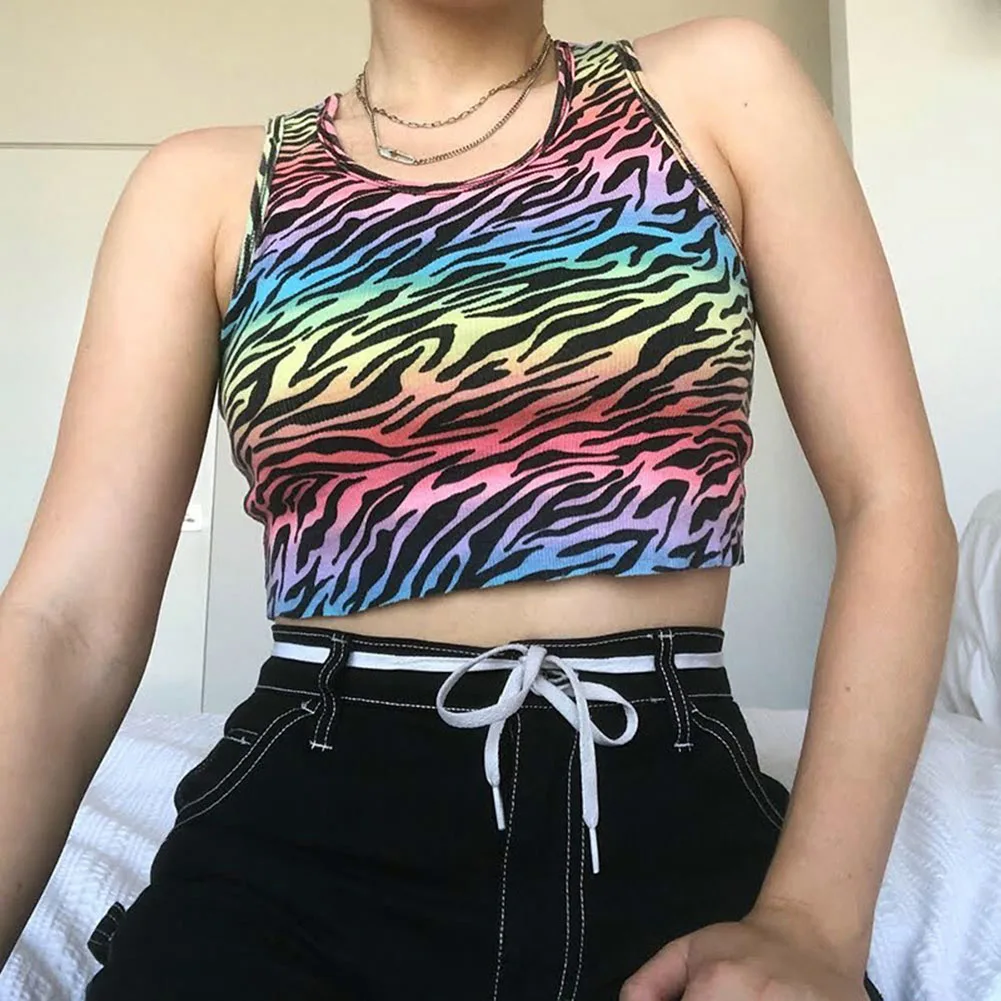 Майка без рукавов в стиле панк с принтом Зебра для девочек летний ребристый