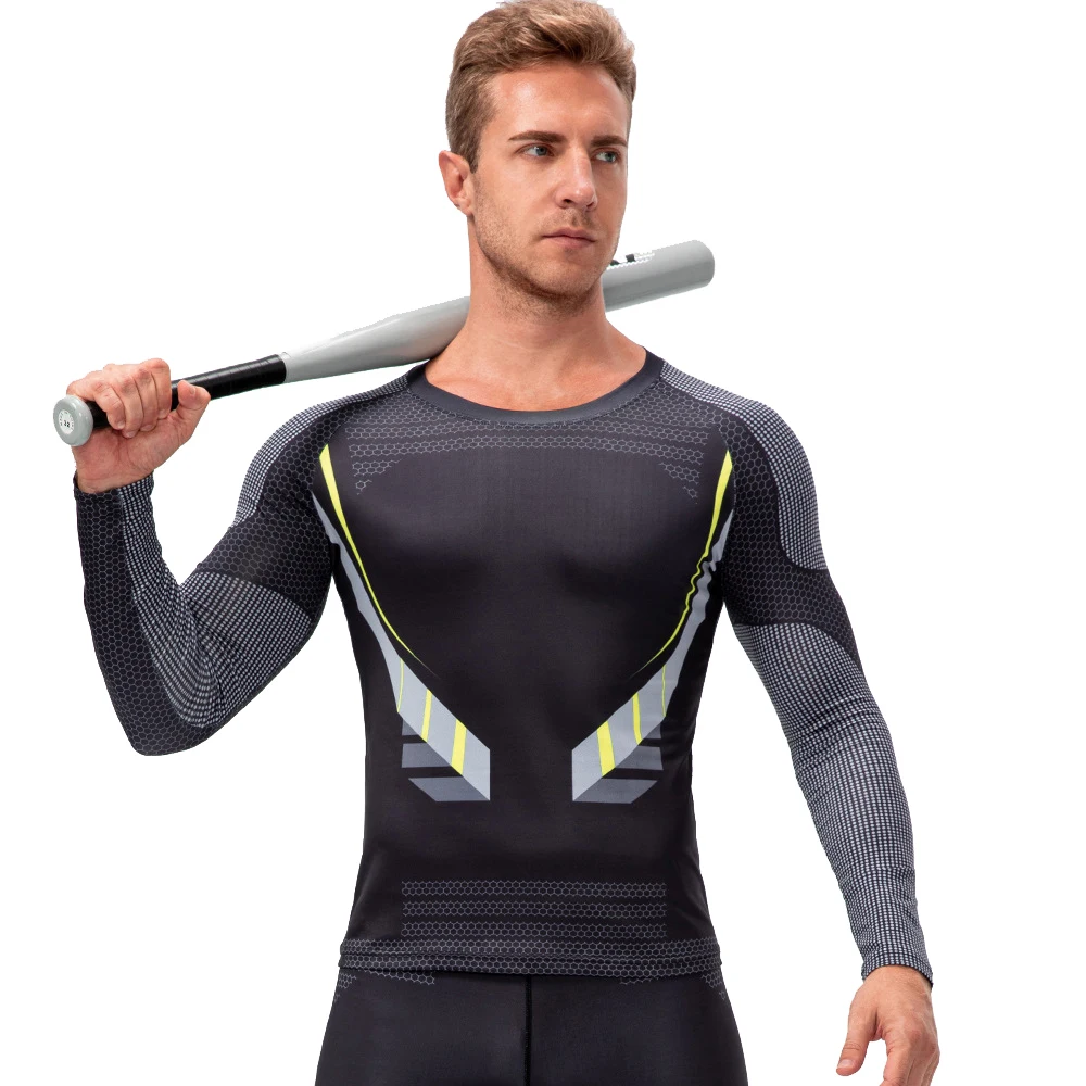 

Men Gym Clothing Print Compression Running Sports Shirt Quick Dry Tight Long Sleeve Fitness Bodybuilding Sportswear Rash Guard