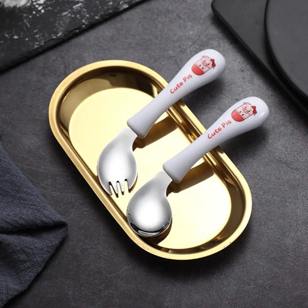 

1 Set of Children Cartoon Cutlery Baby Stainless Tableware Spoon Fork Kit White