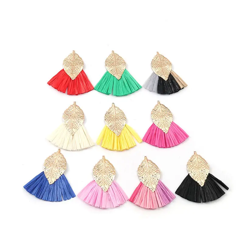 3 Шт. Кисточки Подвески Железный сплав и плетеная лента Веерной формы Лист Мультиколор для создания ювелирных изделий, декора и аксессуаров для одежды 57мм х 52мм.