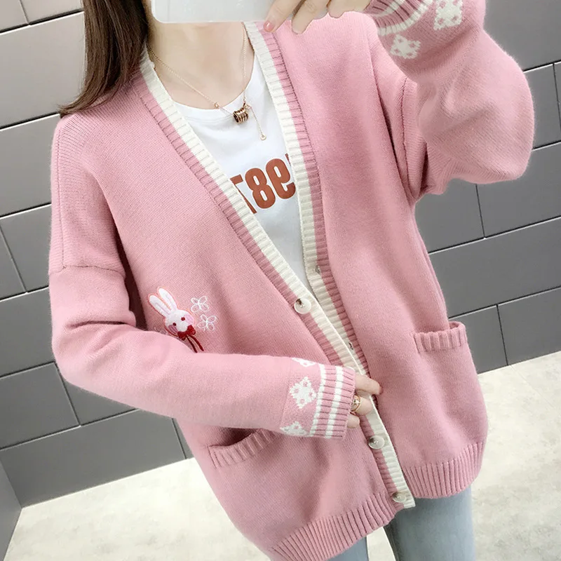 

Новинка осени 2021, женский свитер с V-образным вырезом, женский свободный вязаный кардиган, свитер, куртка, женский кардиган, милый кардиган