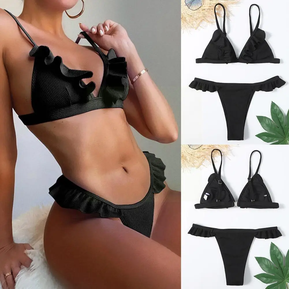 

2021 New Push Up Bikinis Women's Swimsuits Sexy Ruffle Cut High Thong Bikini Swimwear Bathing Set Beachwear Suits Ribbed O2b9