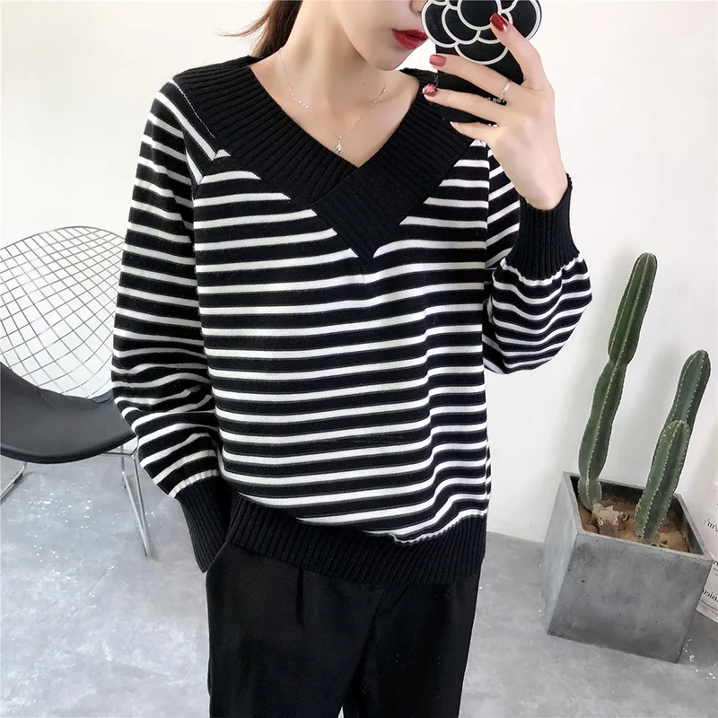 Striped Sweater Women Autumn Winter V Neck Loose Casual Cozy Knitted Pullover Truien Dames Pull Femme Jumper Knitwear | Женская одежда