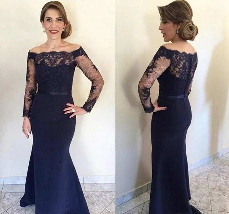

Mother of the Bride Dresses Navy Blue Lace for Wedddings with Full Sleeve Button Back Sexy Off the Shoulder Long Party Vestidos