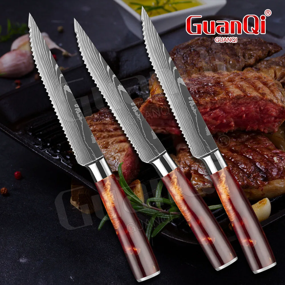 

Damascus Pattern Stainless Steel Serrated Knife Beef Cleaver Multifunctional Chef Knife Meat Slicing Knife Dining Tableware